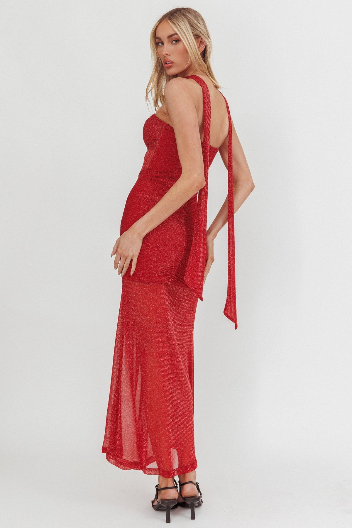 Elma Bandeau Sheer Shimmer Maxi Dress Red