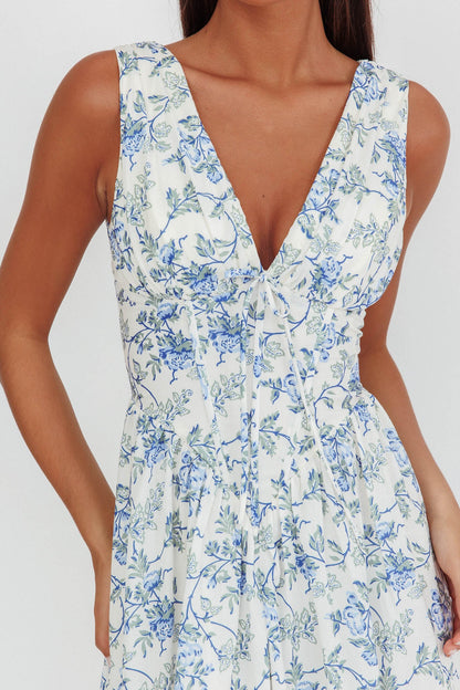 Spring Dawn Basque Waist Maxi Dress Floral Blue