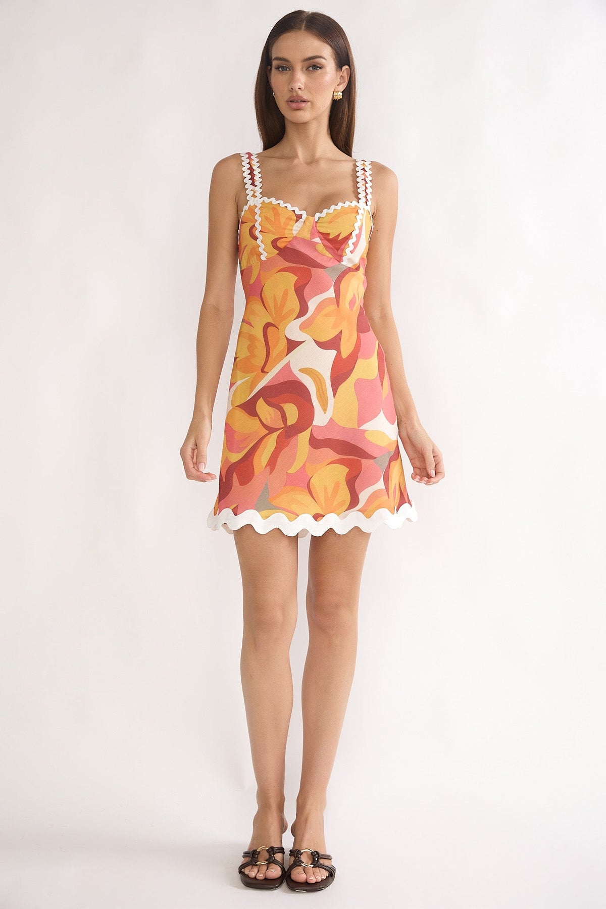 Meadows Ric Ric Trim Mini Dress Print Orange