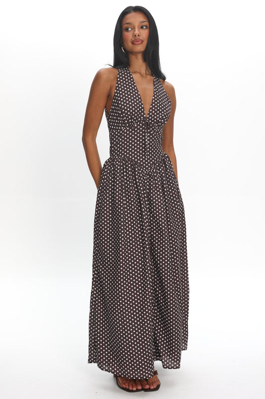 Clarette Basque Waist Open Back Maxi Dress Spotted Chocolate