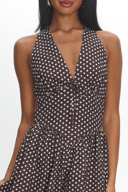 Clarette Basque Waist Open Back Maxi Dress Spotted Chocolate