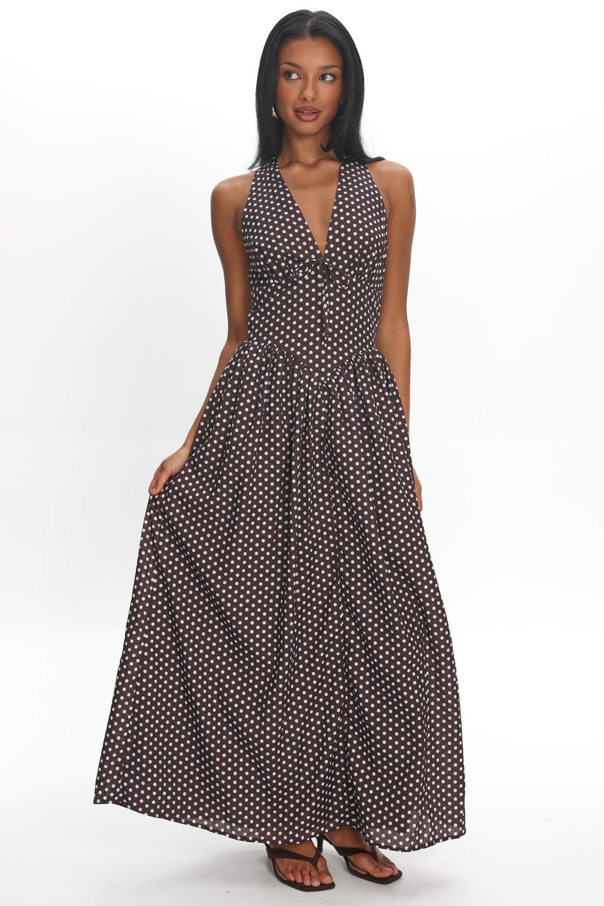 Clarette Basque Waist Open Back Maxi Dress Spotted Chocolate