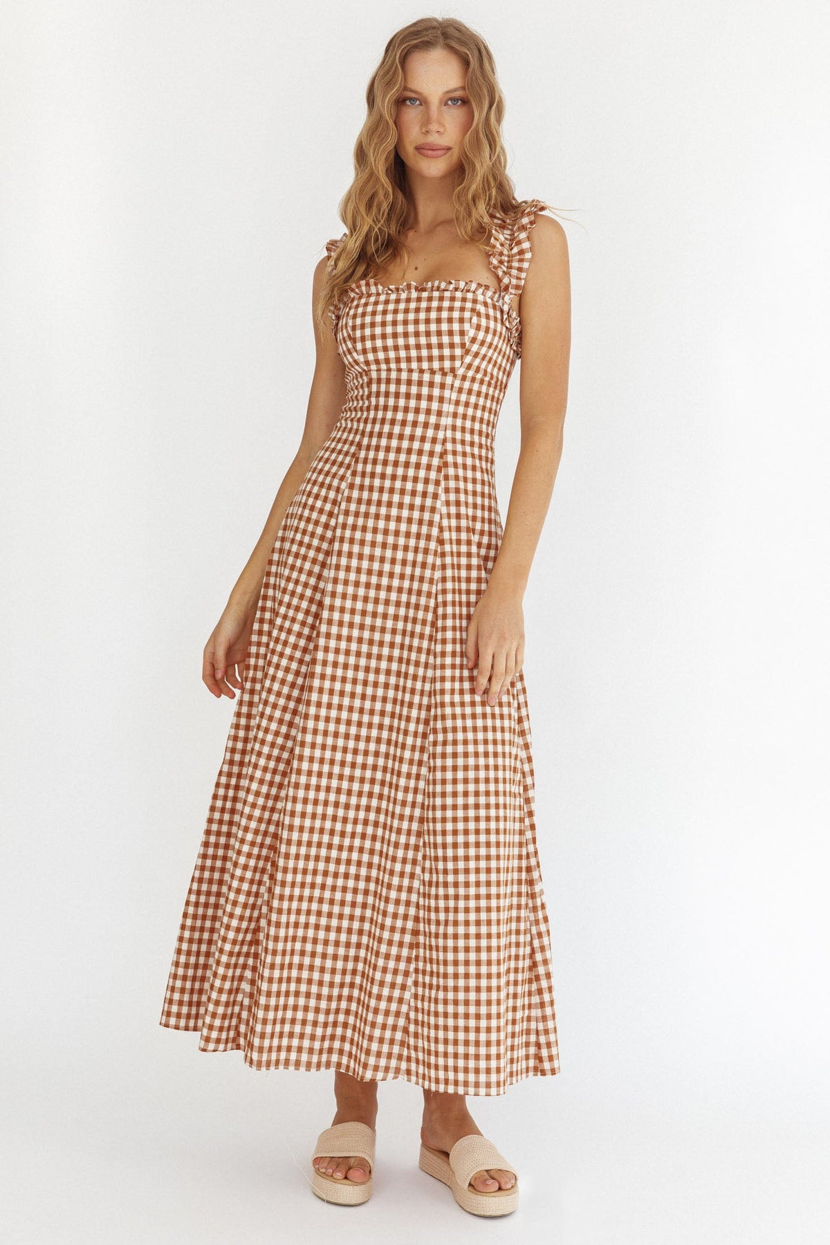 Warrior Sun Frill Strap Maxi Dress Tan Check