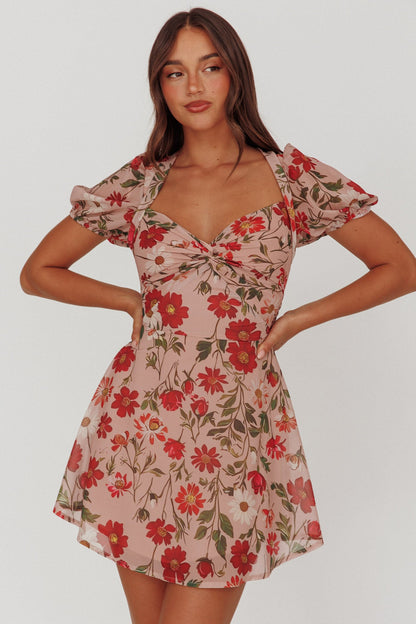 Dillon Twist Bust Mini Dress Floral Beige