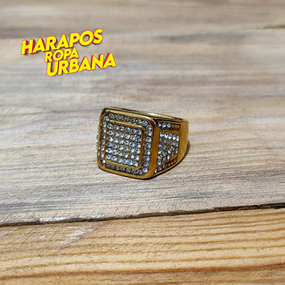 Anillo de acero dorado con diamantes borde doble