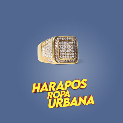 Anillo de acero dorado con diamantes borde doble