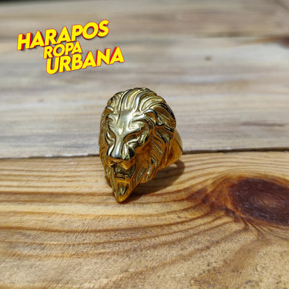 Anillo de acero leon dorado