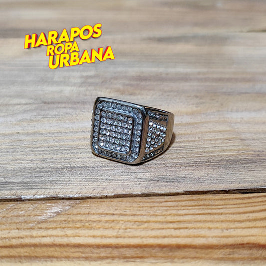 Anillo de acero plateado con diamantes borde doble