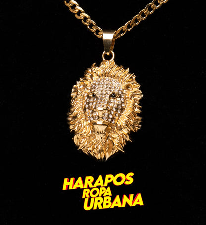 Cadena acero y dije leon diamantada dorada