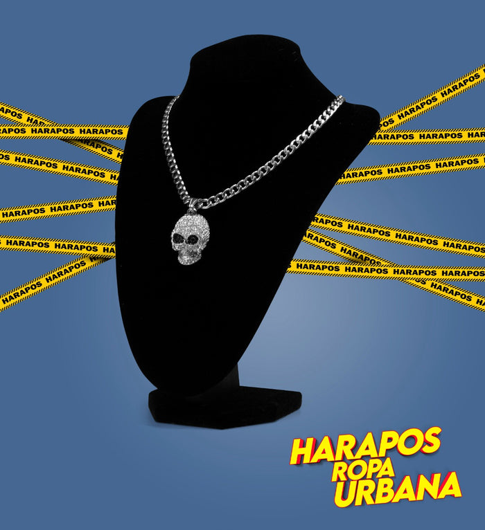 Cadena de acero plateada dije calavera con diamantes