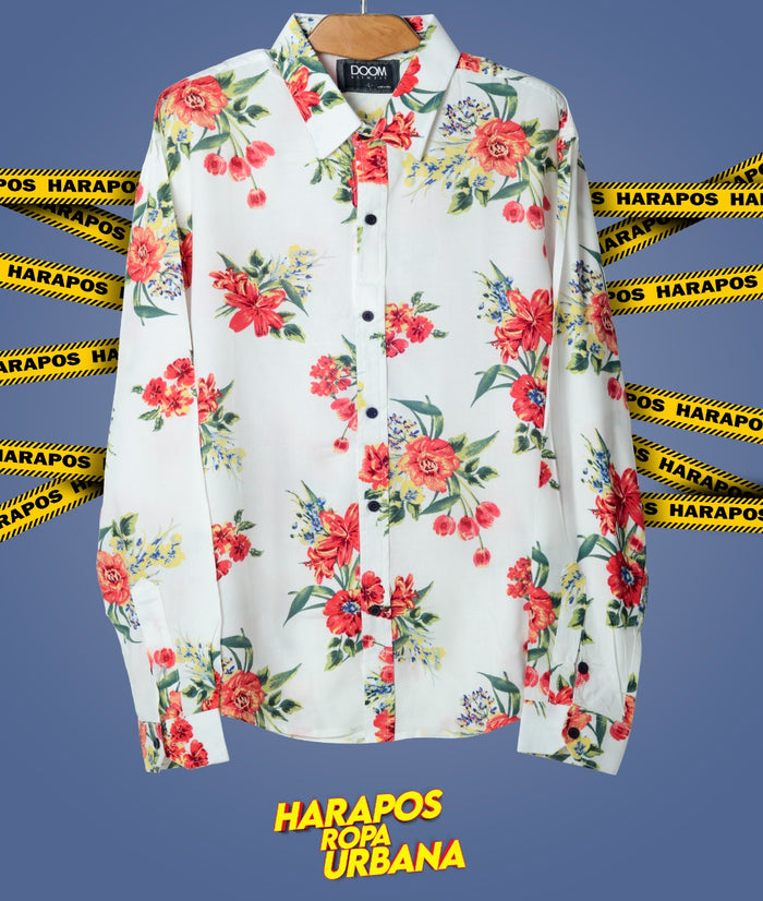 Camisa Doom manga larga blanca con flores rojas