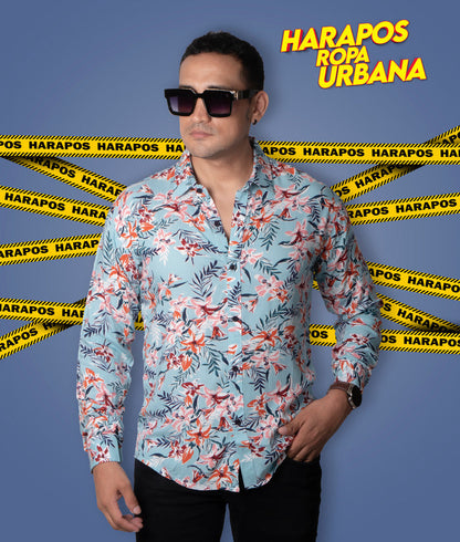 Camisa Doom manga larga celeste con flores