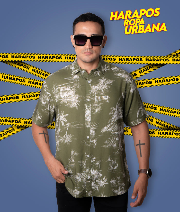 Camisa H&M verde con jaspeado blanco