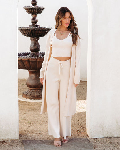 Effortlessly Chic Ribbed Drawstring Wide Leg Pants - Cream