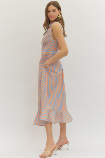 Striped Wrap Front Sleeveless Midi Dress
