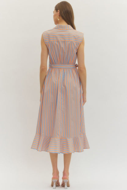 Striped Wrap Front Sleeveless Midi Dress