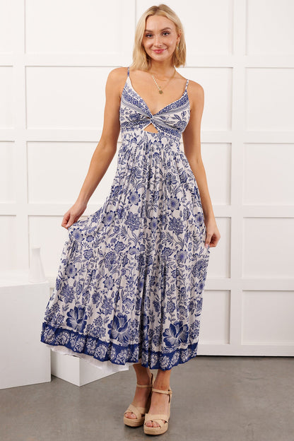 Beach Lullaby Floral Sleeveless Maxi Dress (Ivory/Blue)