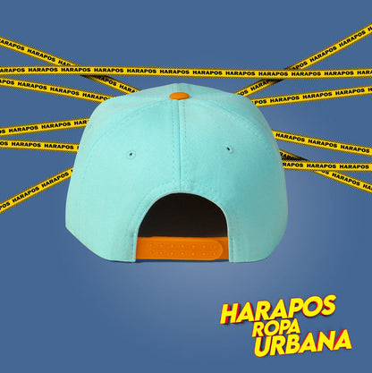 Gorra new york NY plana celeste base naranja gamuzada