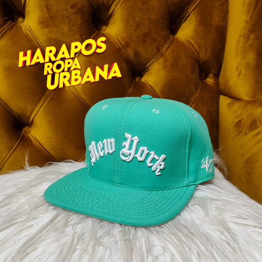 Gorra new york NY plana verde agua con letras blancas