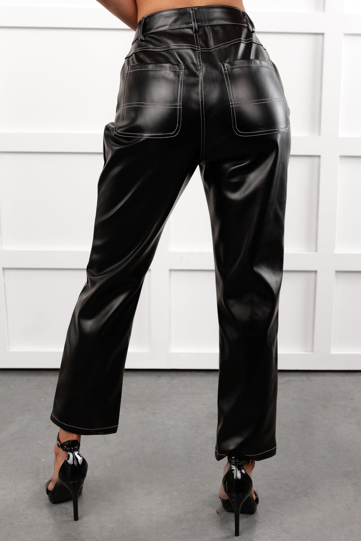 High Shine Faux Leather Straight Leg Pants (Black)