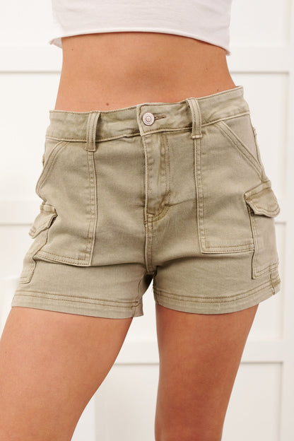 Karly Utility Pocket Denim Shorts (Light Olive)