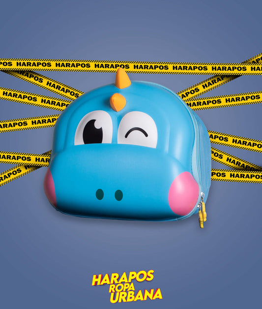 Mochila de kinder cara dino celeste