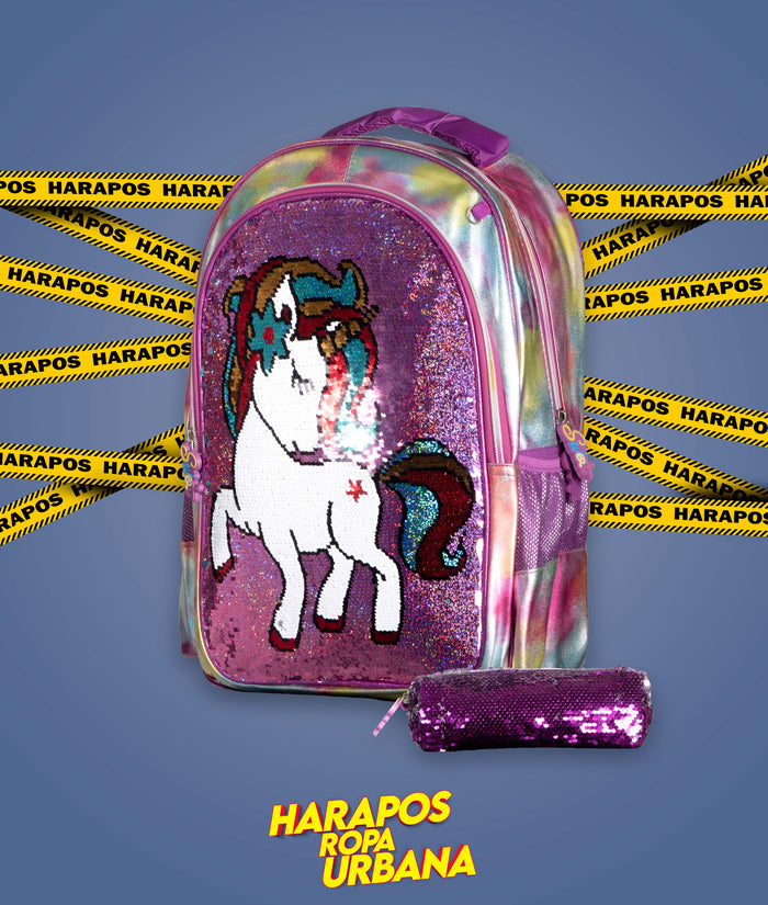 Mochila de niña unicornio morado mas estuche