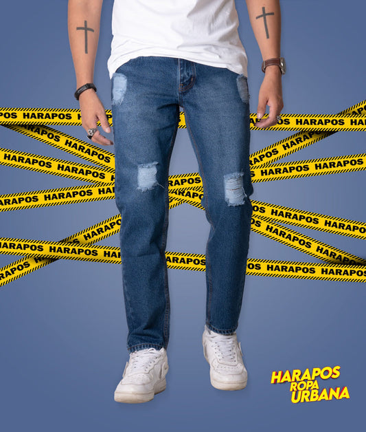 Pantalon jean demin celeste oscuro rasgado cuadrados