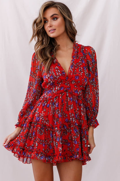 Laney Cutout Back Ruffle Trim Dress Red Floral