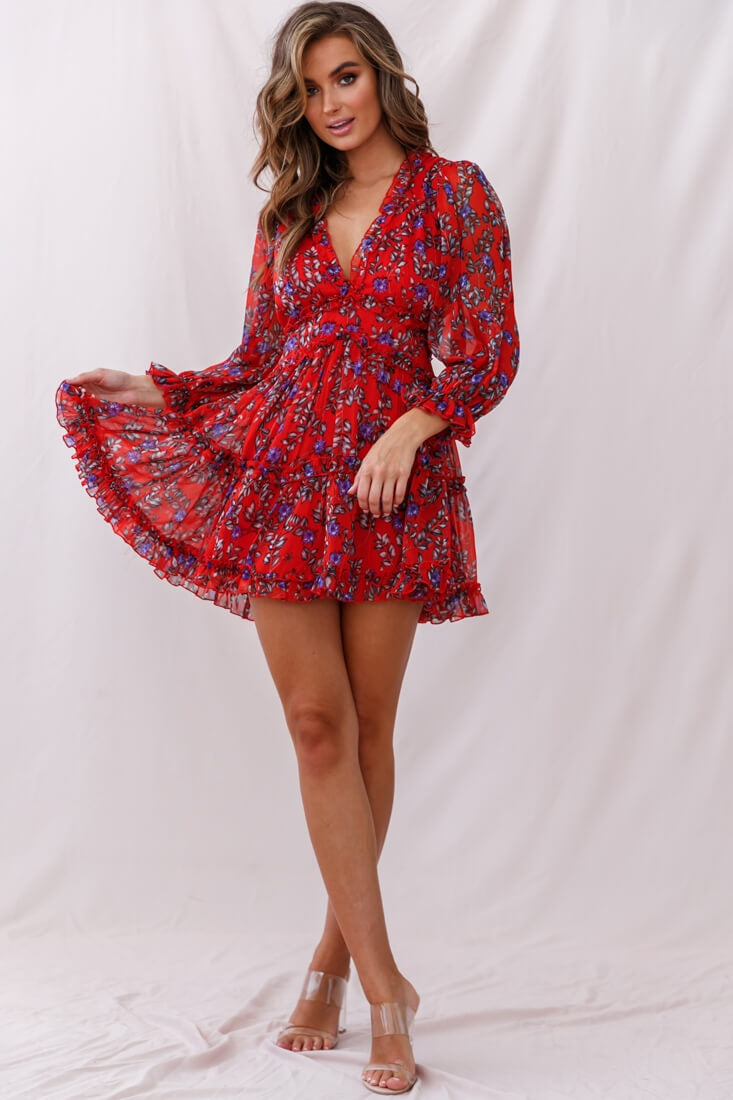 Laney Cutout Back Ruffle Trim Dress Red Floral