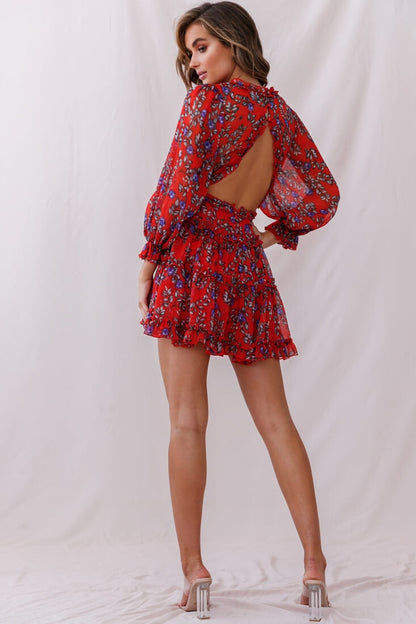 Laney Cutout Back Ruffle Trim Dress Red Floral