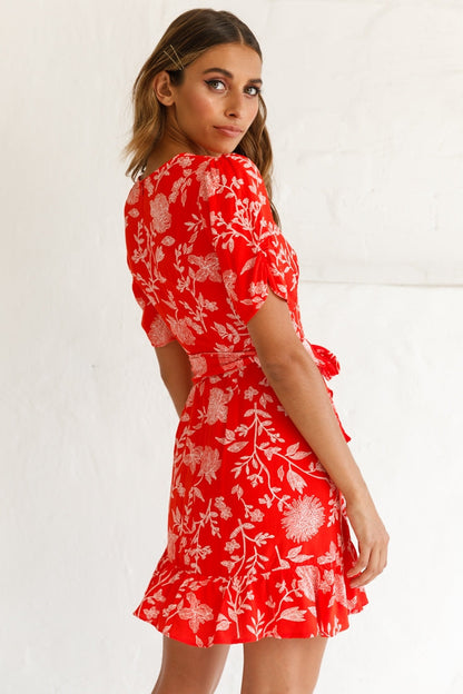 Wonderland Wrap Front Tea Dress Floral Print Red