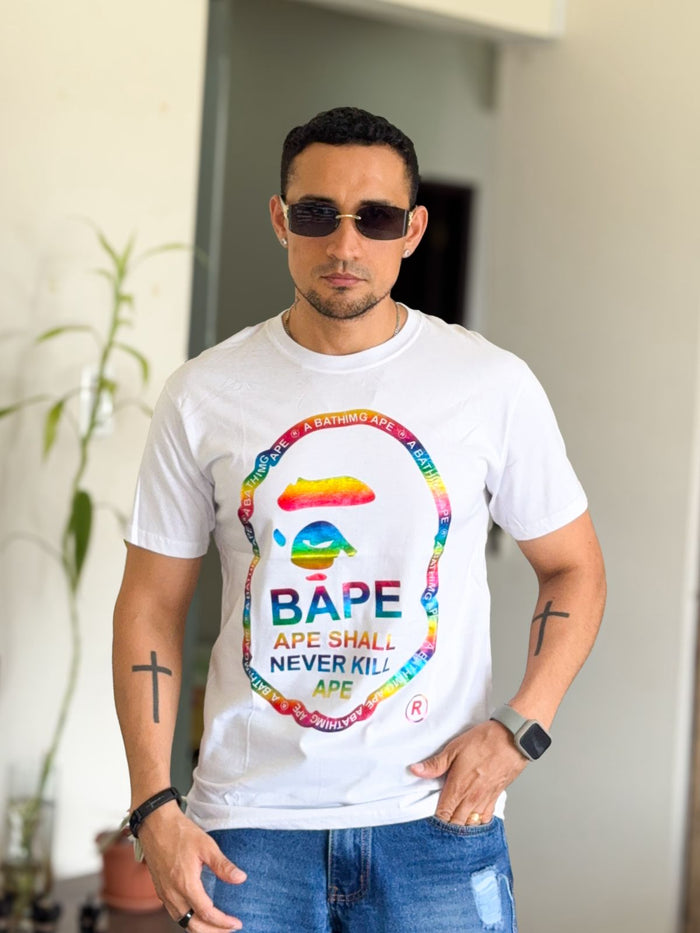 Polera bape blanca logo con holograma