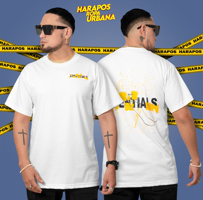 Polera essentials oversize blanca letras con detalles amarillos