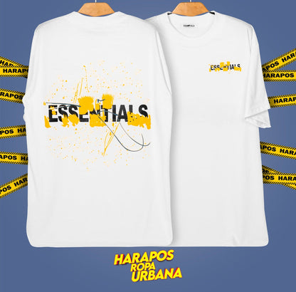 Polera essentials oversize blanca letras con detalles amarillos