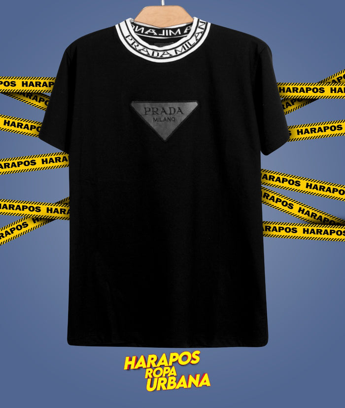 Polera prada negro cuello de hilo logo triangular