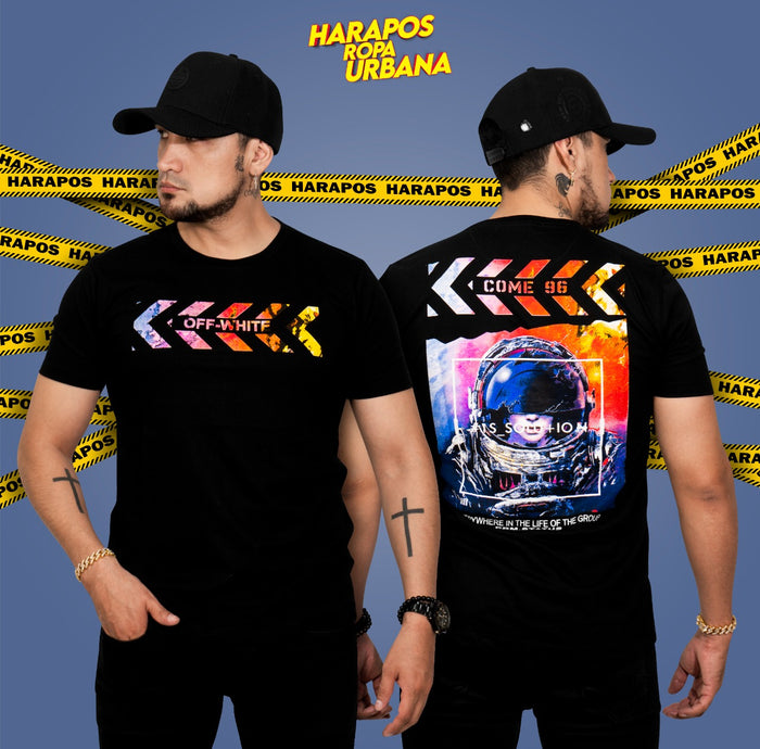 Polera off white negra astronauta detras