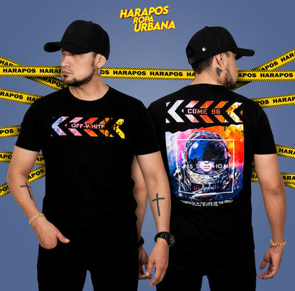 Polera off white negra astronauta detras