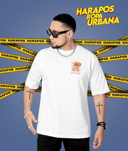 Polera oversize ratslla blanca oso moyan