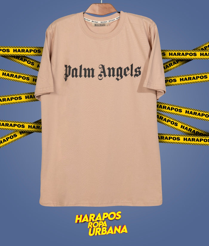 Polera palm angels cafe letras negras curva