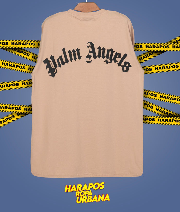 Polera palm angels cafe letras negras curva
