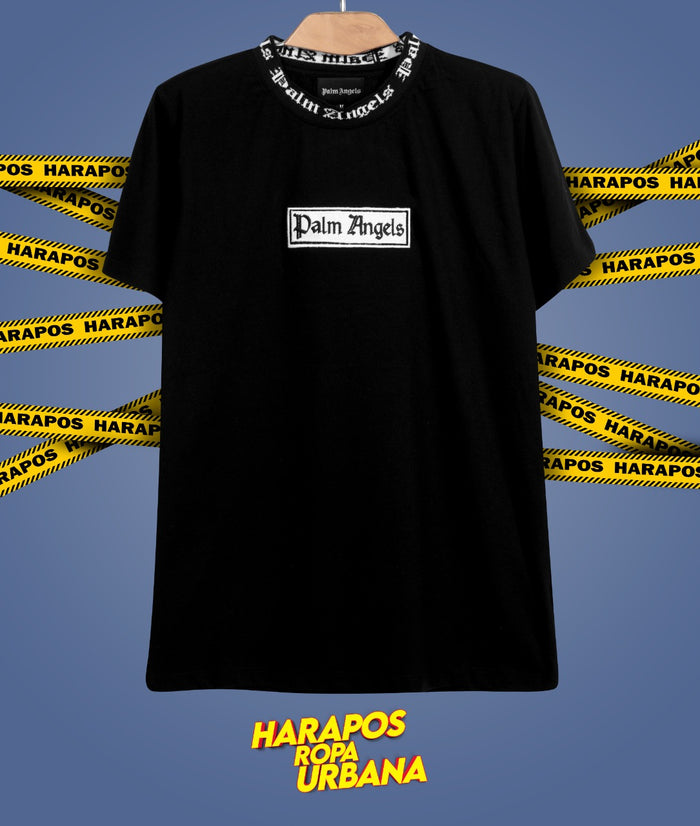 Polera palm angels negro cuello de hilo logo rectangulo