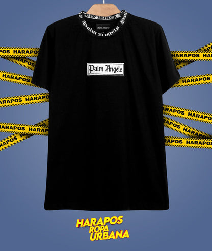 Polera palm angels negro cuello de hilo logo rectangulo