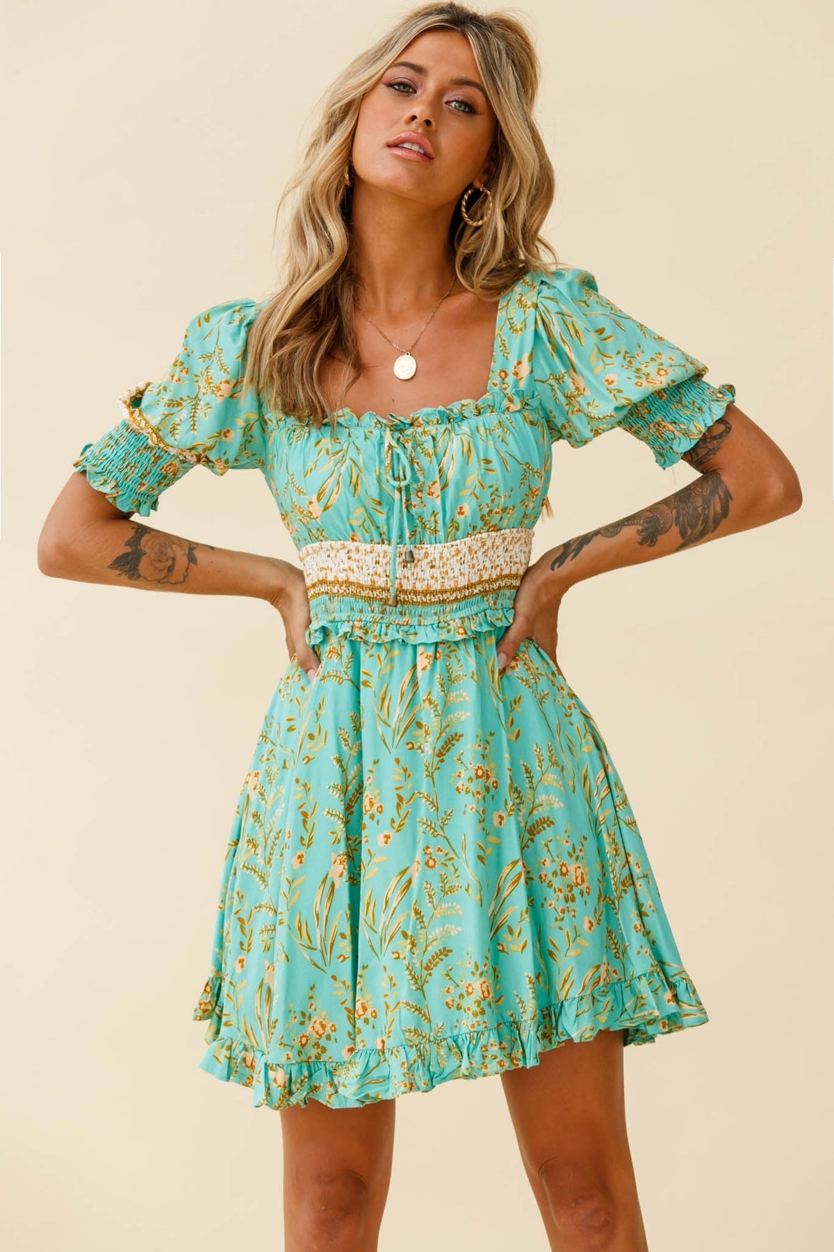 Summer In Paris Puff Sleeve Open Back Dress Botanical Print Mint